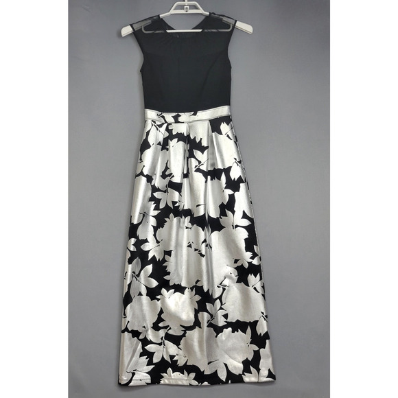 En Focus Studios Maxi Dress Womens 4 Black Silver Shimmer Floral Mesh Sleeveless - Picture 1 of 13